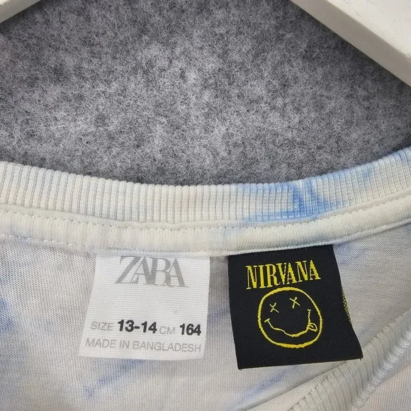 NIRVANA Tie Dye T Shirt Kids 14 White Blue Smiley Face Band Tee Grunge Y2K ZARA - Picture 3 of 8